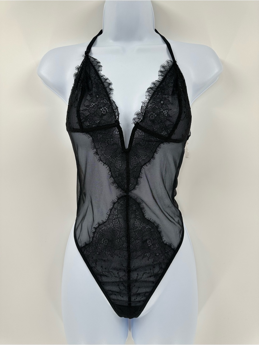 Victoria’s Secret Romantic Black Lace Mesh Teddy Bodysuit Lingerie Sheer SzS NWT